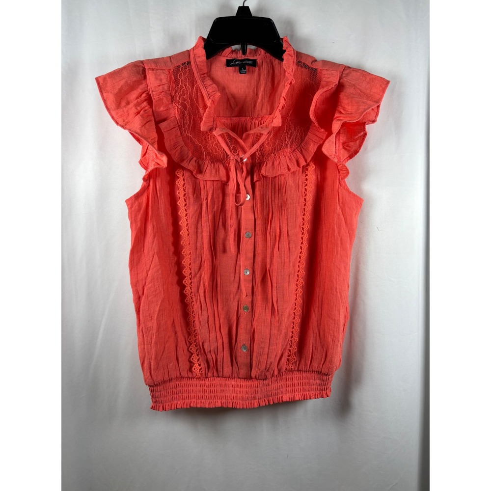 Love University Coral Pink Lace Ruffle Smocked Hem Flutter Sleeve Blouse Large